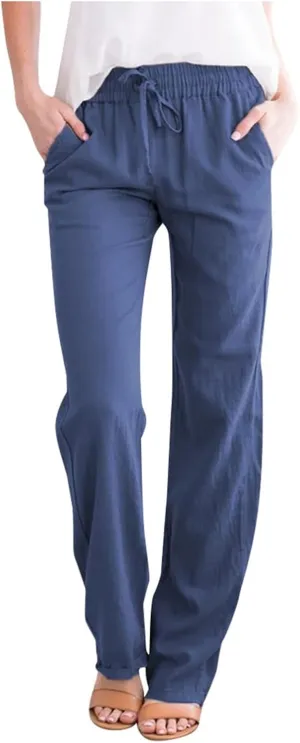 Women's Cotton Linen Summer Palazzo Pants Flowy Wide Leg Beach Trousers with Pockets Spring Outfits 2025