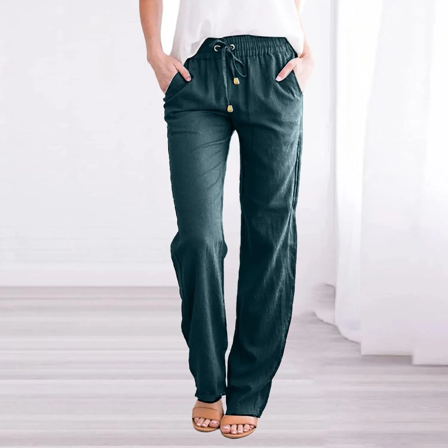Women's Cotton Linen Summer Palazzo Pants Flowy Wide Leg Beach Trousers with Pockets Spring Outfits 2025