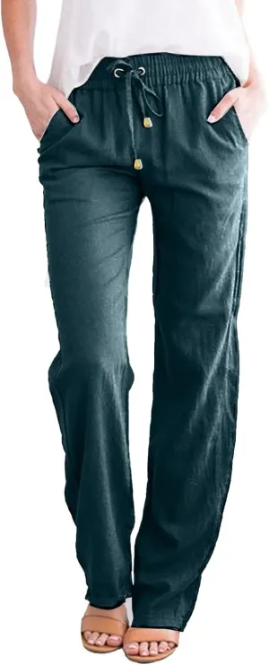 Women's Cotton Linen Summer Palazzo Pants Flowy Wide Leg Beach Trousers with Pockets Spring Outfits 2025