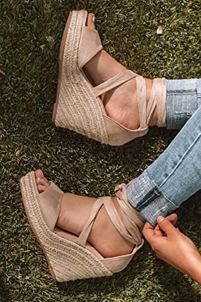 Womens Espadrilles Wedges Sandals Heels Open Toe Tie Lace Up Platform Ankle Strap Summer Dress Shoes