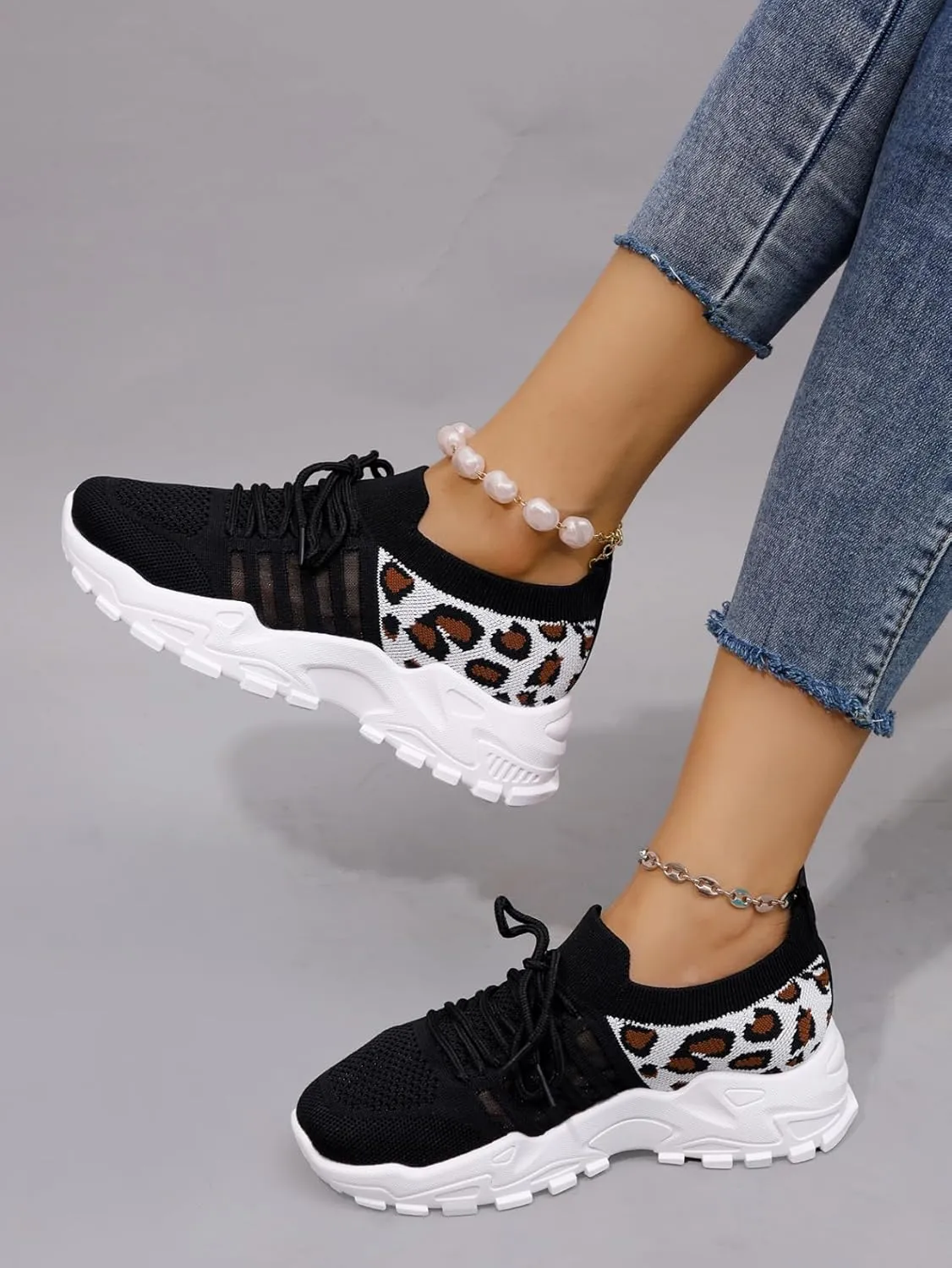 Women's Fashion Leopard Print Lace Up Low Top Sneakers, Casual Comfortable Sports Running Shoes
