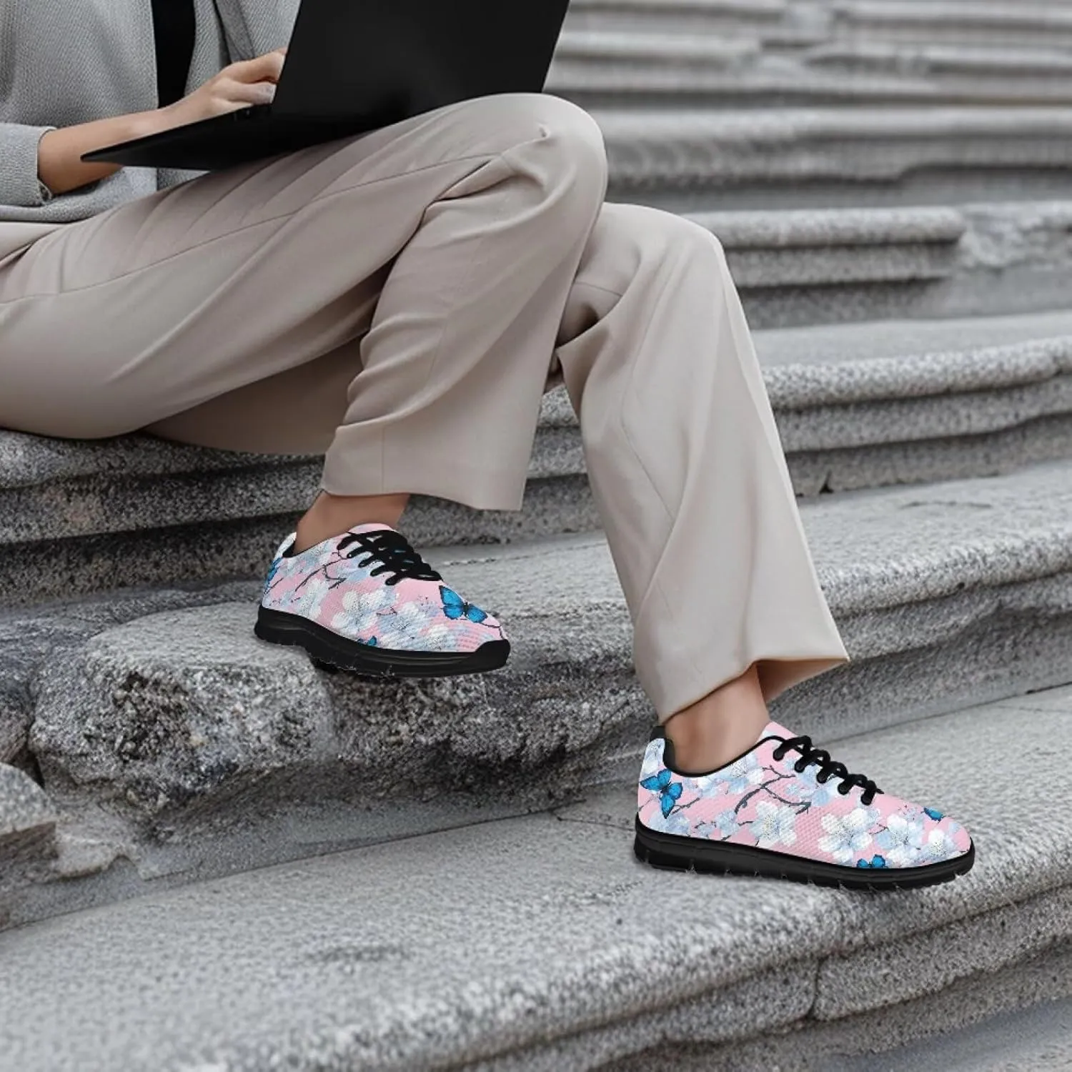 Women's Fashion Sneakers Low Top Casual Shoes Lightweight Wide Arch Support Travel Sneakers for Workout Size 5-12 Black Sole