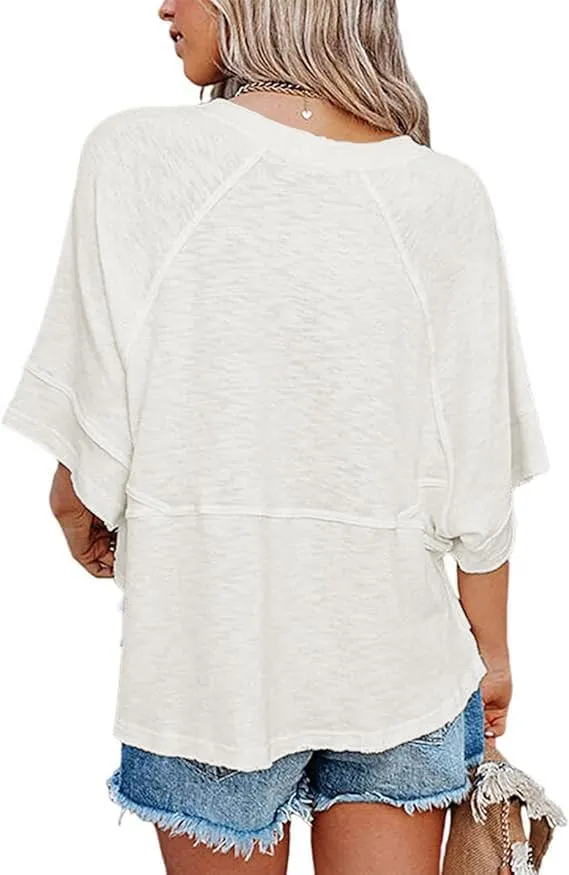 Womens Fashion T-Shirt Crewneck 3/4 Sleeves Solid Color Loose Basic Tops Summer Casual Tees Blouses