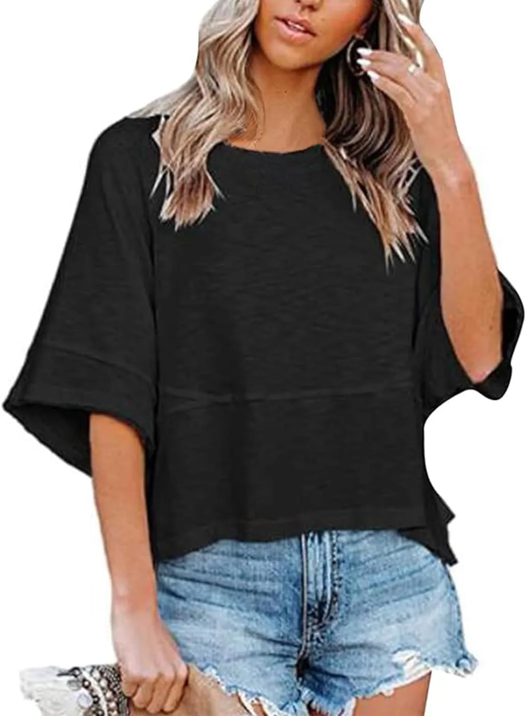 Womens Fashion T-Shirt Crewneck 3/4 Sleeves Solid Color Loose Basic Tops Summer Casual Tees Blouses