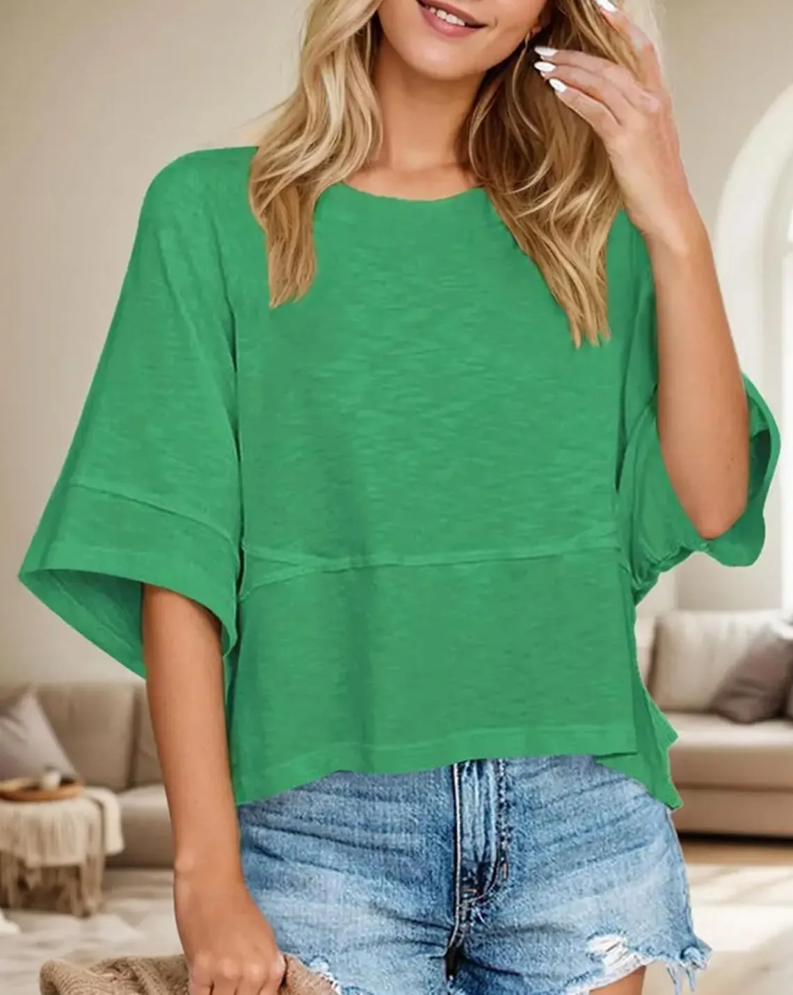 Womens Fashion T-Shirt Crewneck 3/4 Sleeves Solid Color Loose Basic Tops Summer Casual Tees Blouses
