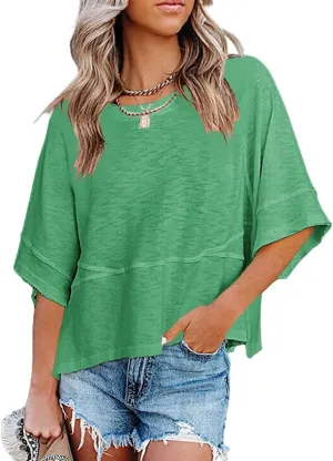 Womens Fashion T-Shirt Crewneck 3/4 Sleeves Solid Color Loose Basic Tops Summer Casual Tees Blouses