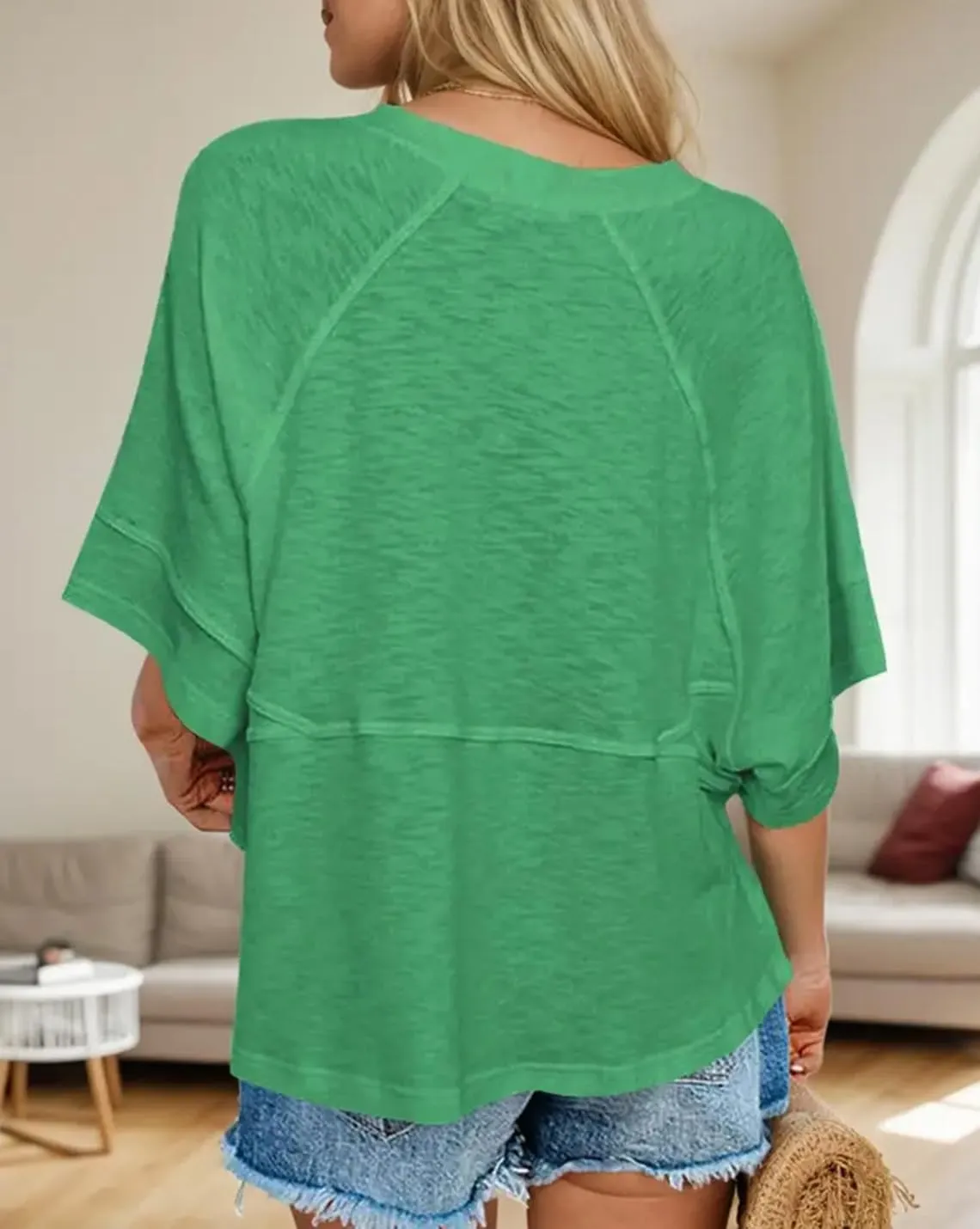 Womens Fashion T-Shirt Crewneck 3/4 Sleeves Solid Color Loose Basic Tops Summer Casual Tees Blouses