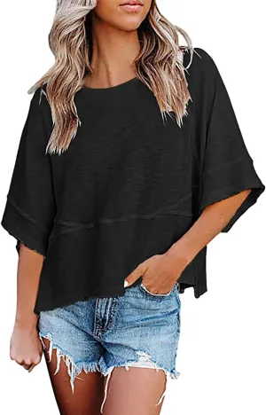 Womens Fashion T-Shirt Crewneck 3/4 Sleeves Solid Color Loose Basic Tops Summer Casual Tees Blouses