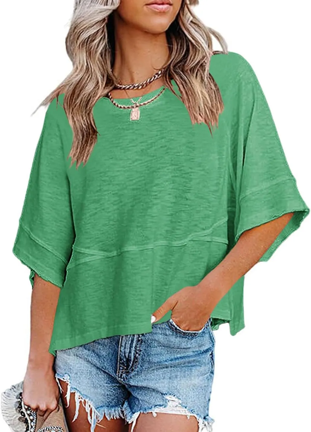 Womens Fashion T-Shirt Crewneck 3/4 Sleeves Solid Color Loose Basic Tops Summer Casual Tees Blouses