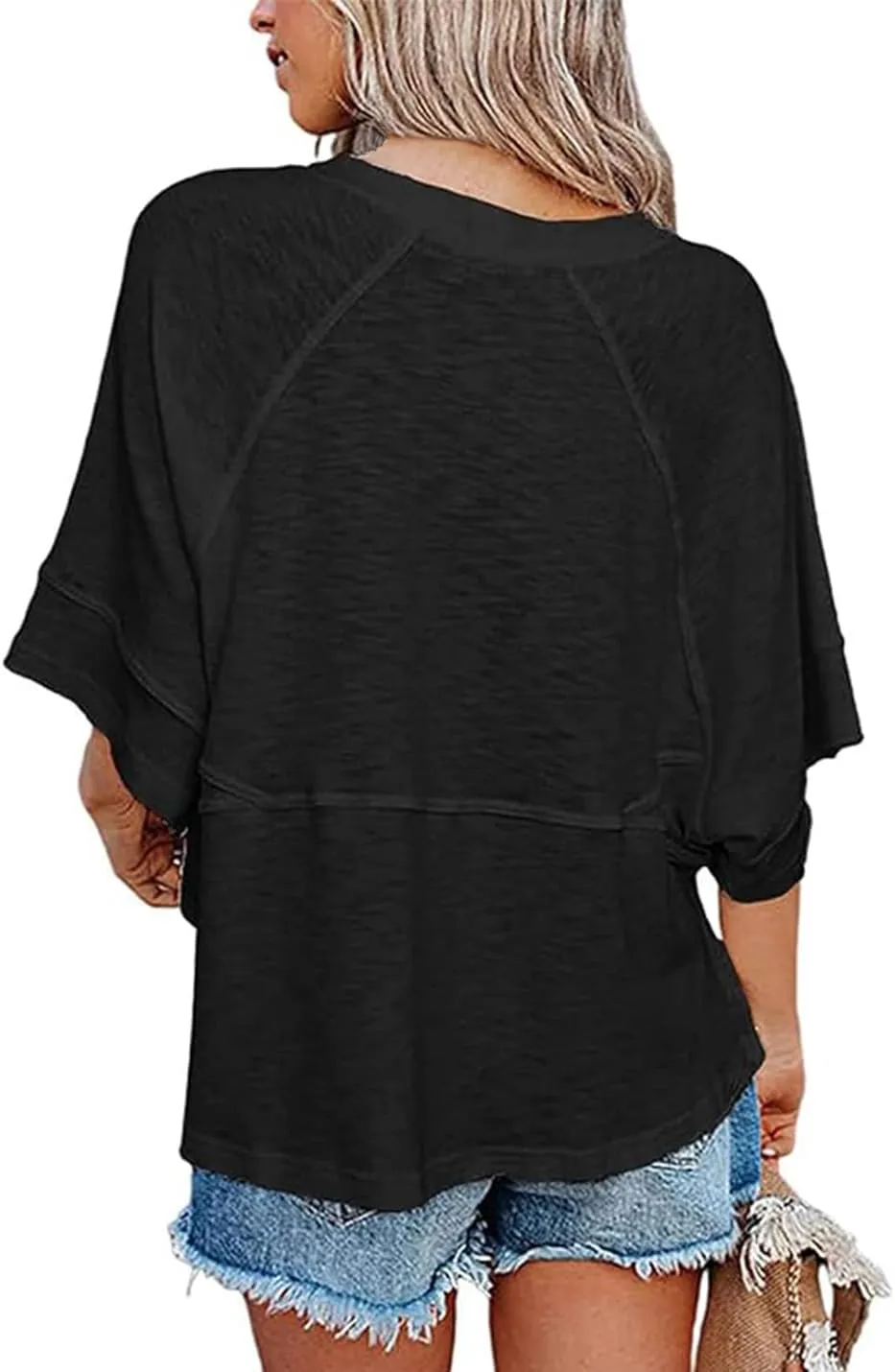 Womens Fashion T-Shirt Crewneck 3/4 Sleeves Solid Color Loose Basic Tops Summer Casual Tees Blouses