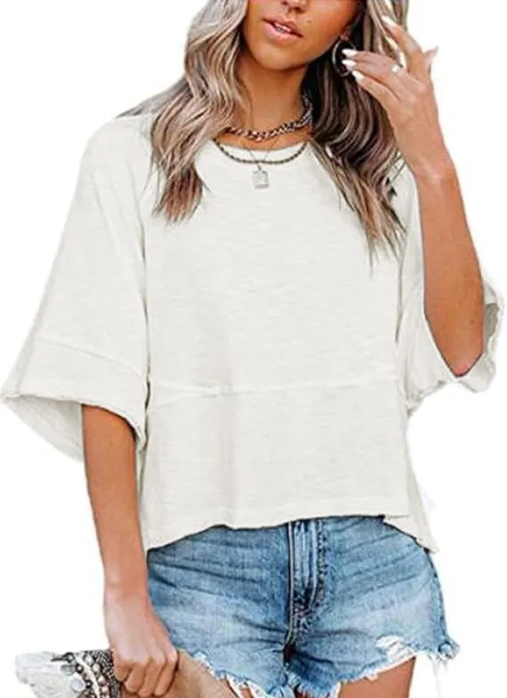 Womens Fashion T-Shirt Crewneck 3/4 Sleeves Solid Color Loose Basic Tops Summer Casual Tees Blouses