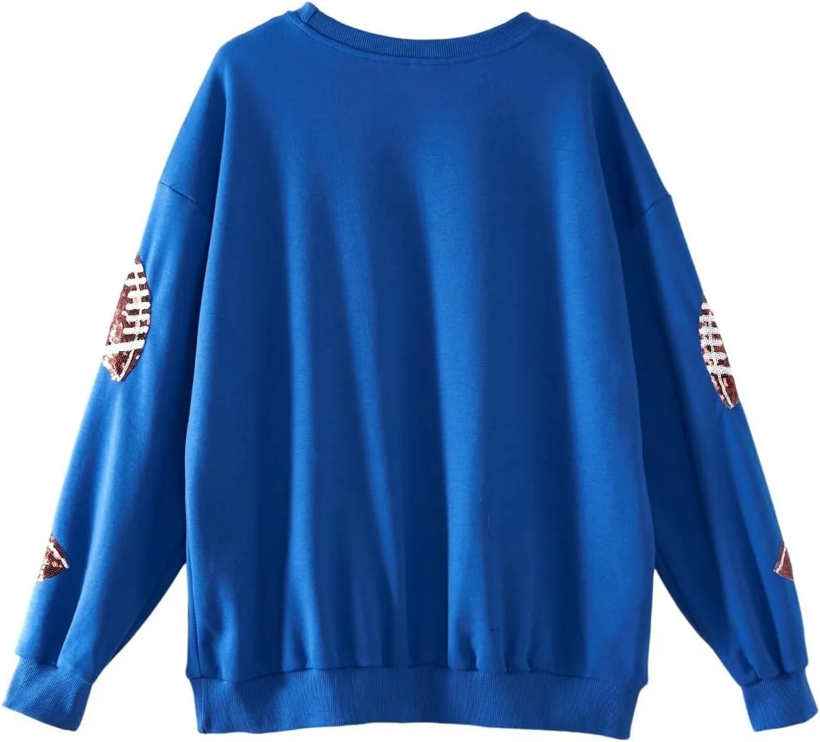 Womens Football Sequin Embroidery Loose Fit Sweatshirt Casual Crewneck Pullover Long Sleeve Gameday Tops