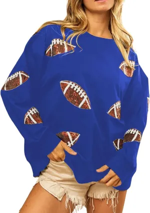 Womens Football Sequin Embroidery Loose Fit Sweatshirt Casual Crewneck Pullover Long Sleeve Gameday Tops