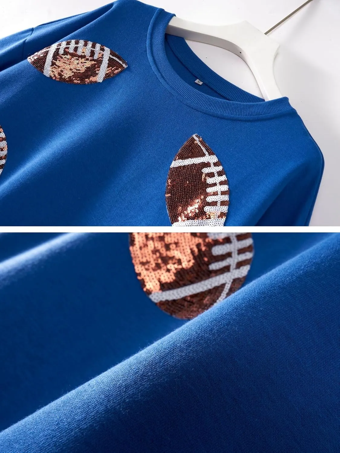 Womens Football Sequin Embroidery Loose Fit Sweatshirt Casual Crewneck Pullover Long Sleeve Gameday Tops