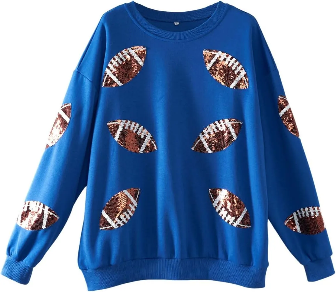 Womens Football Sequin Embroidery Loose Fit Sweatshirt Casual Crewneck Pullover Long Sleeve Gameday Tops