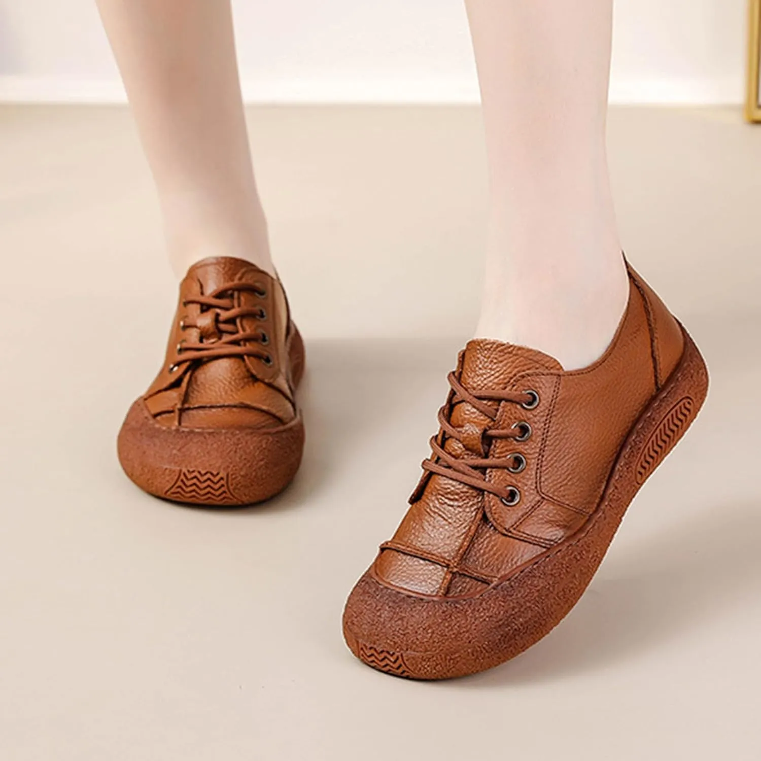 Women's Genuine Leather Soft Sole Sneakers Vintage Round Wide Toe Comfortable Non-Slip Walking Driving Lace-up Loafers Lightweight Fashion Wide Head Sports Shoes