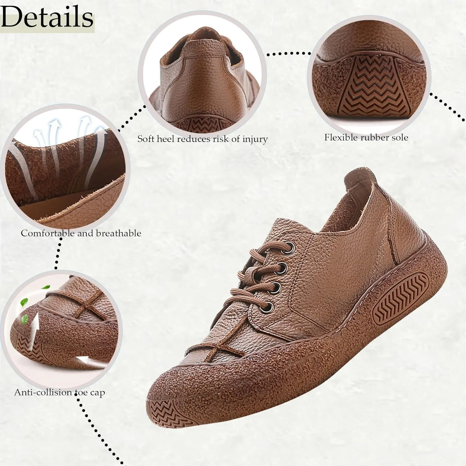 Women's Genuine Leather Soft Sole Sneakers Vintage Round Wide Toe Comfortable Non-Slip Walking Driving Lace-up Loafers Lightweight Fashion Wide Head Sports Shoes
