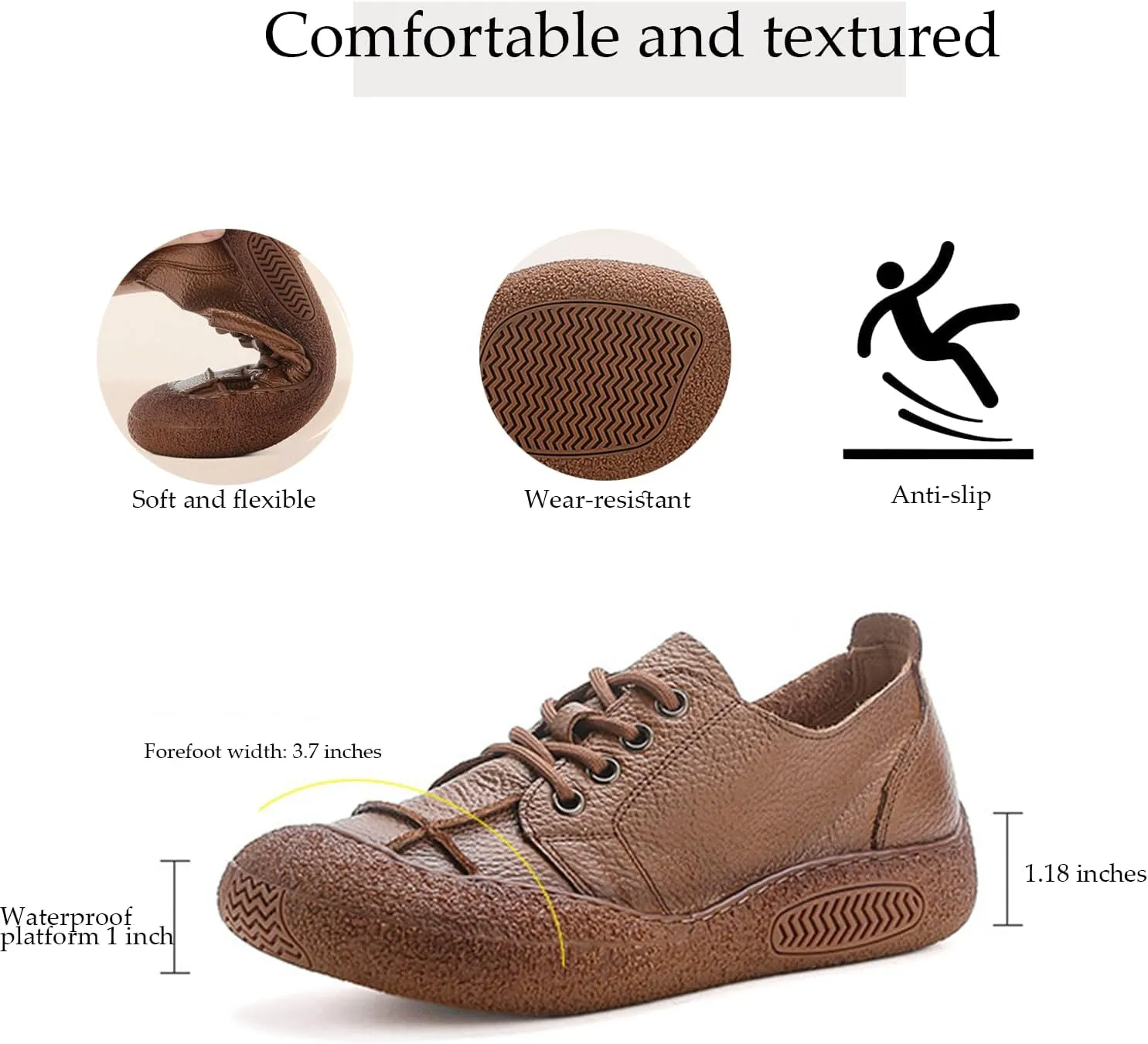 Women's Genuine Leather Soft Sole Sneakers Vintage Round Wide Toe Comfortable Non-Slip Walking Driving Lace-up Loafers Lightweight Fashion Wide Head Sports Shoes