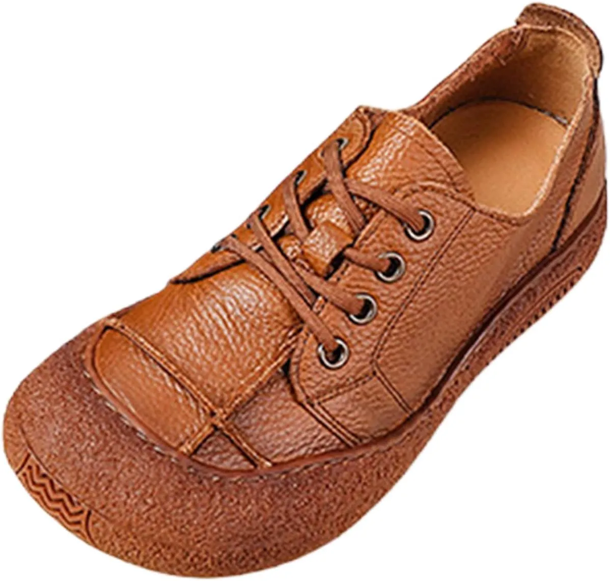 Women's Genuine Leather Soft Sole Sneakers Vintage Round Wide Toe Comfortable Non-Slip Walking Driving Lace-up Loafers Lightweight Fashion Wide Head Sports Shoes
