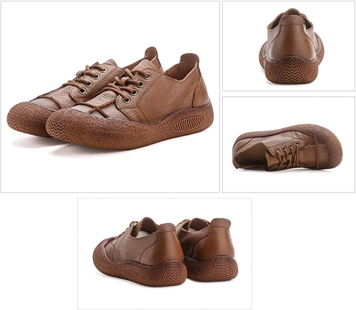 Women's Genuine Leather Soft Sole Sneakers Vintage Round Wide Toe Comfortable Non-Slip Walking Driving Lace-up Loafers Lightweight Fashion Wide Head Sports Shoes