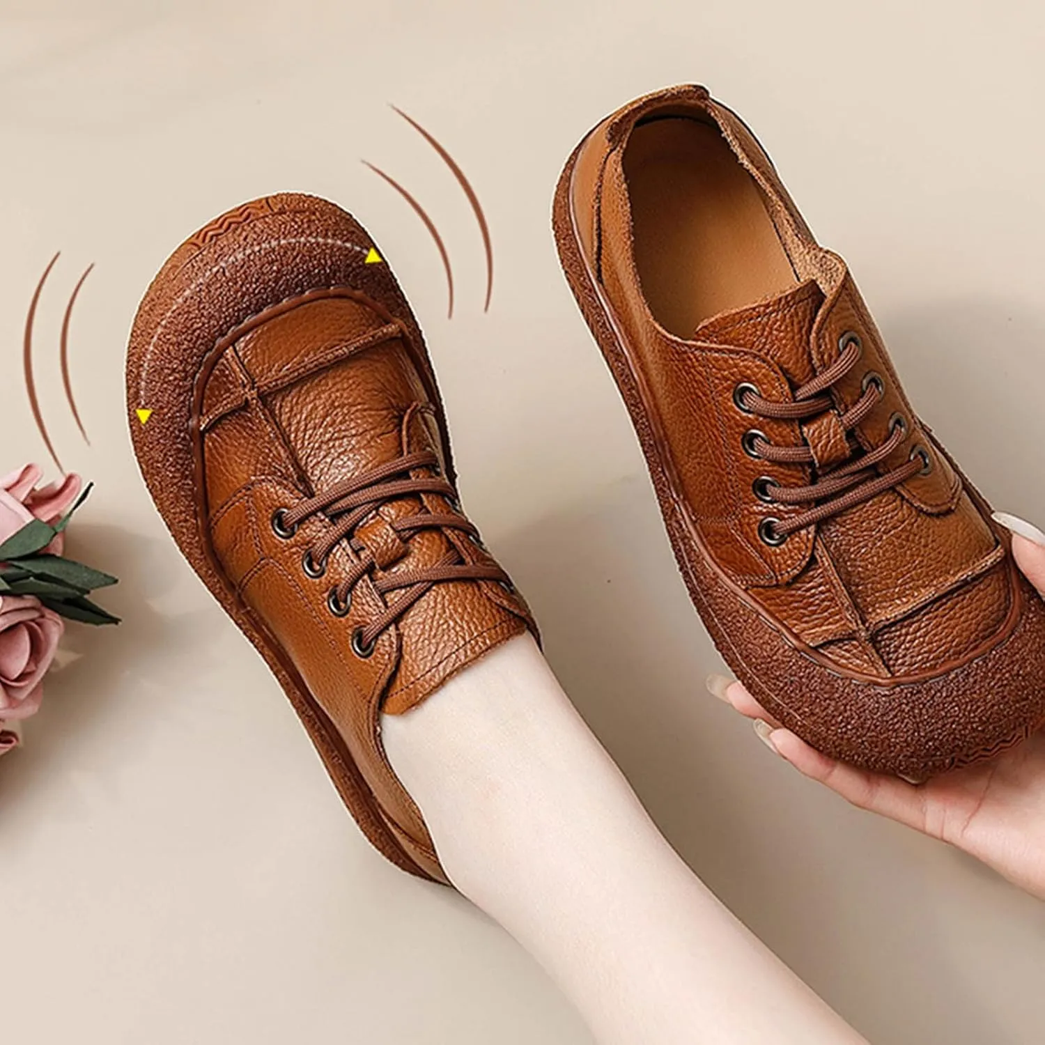 Women's Genuine Leather Soft Sole Sneakers Vintage Round Wide Toe Comfortable Non-Slip Walking Driving Lace-up Loafers Lightweight Fashion Wide Head Sports Shoes