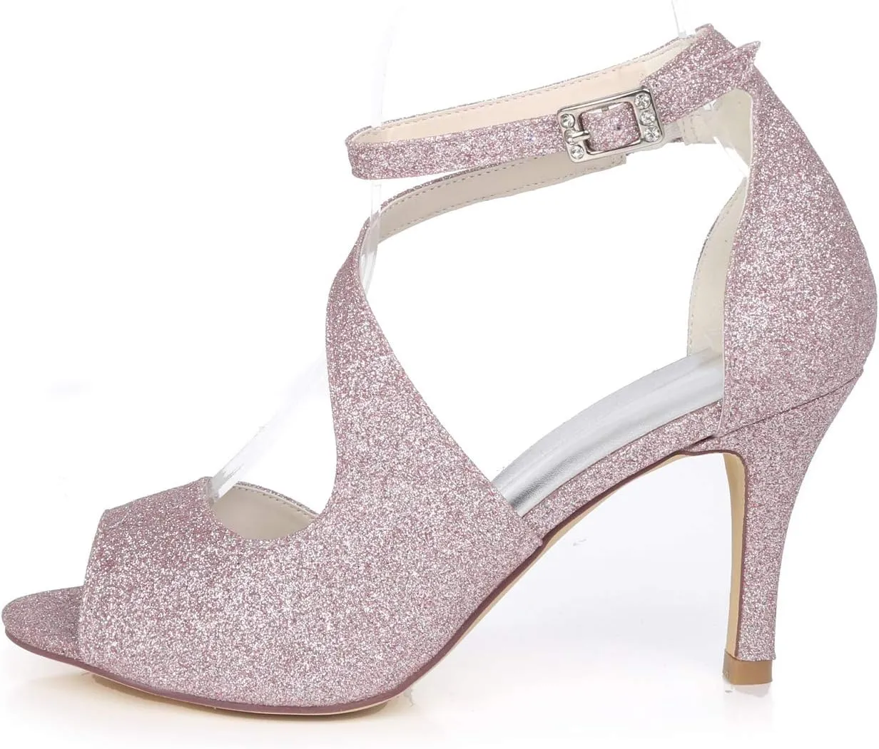Womens Glitter Peep Toe Wedding Shoes For Bride Party Dress Shoes Oblique Strappy Work Party 8.5CM Buckle