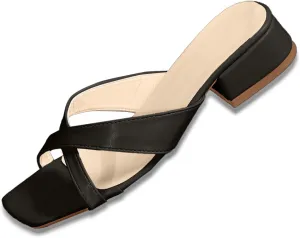 Womens Heeled Sandals Open Round Toe Slip on Kitten Heel Mules Low Cross Strap Mule Flats Comfortable Summer Dress Slide