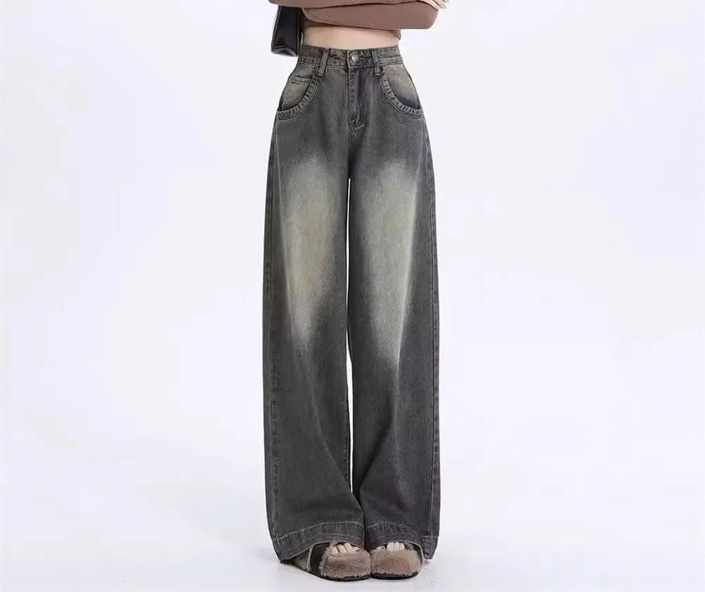 Women's High-Waisted Vintage Wide-Leg Jeans Straight Casual Loose Denim Trousers