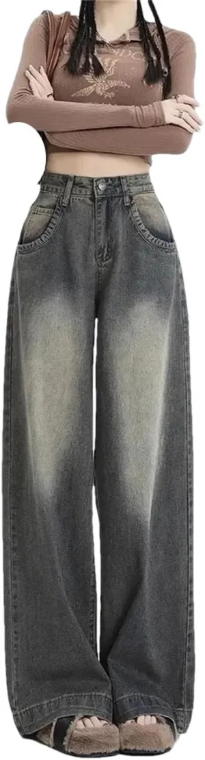 Women's High-Waisted Vintage Wide-Leg Jeans Straight Casual Loose Denim Trousers