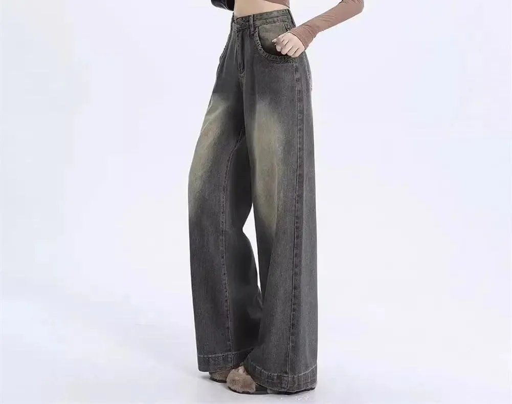 Women's High-Waisted Vintage Wide-Leg Jeans Straight Casual Loose Denim Trousers
