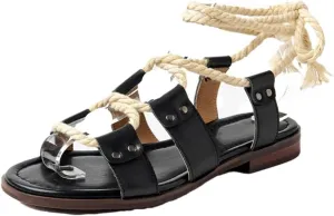 Womens Lace-Up Ankle Strap Flat Heel Open Side Vamp Basic Sandals Cow Leather Rope Casual Summer Sandals