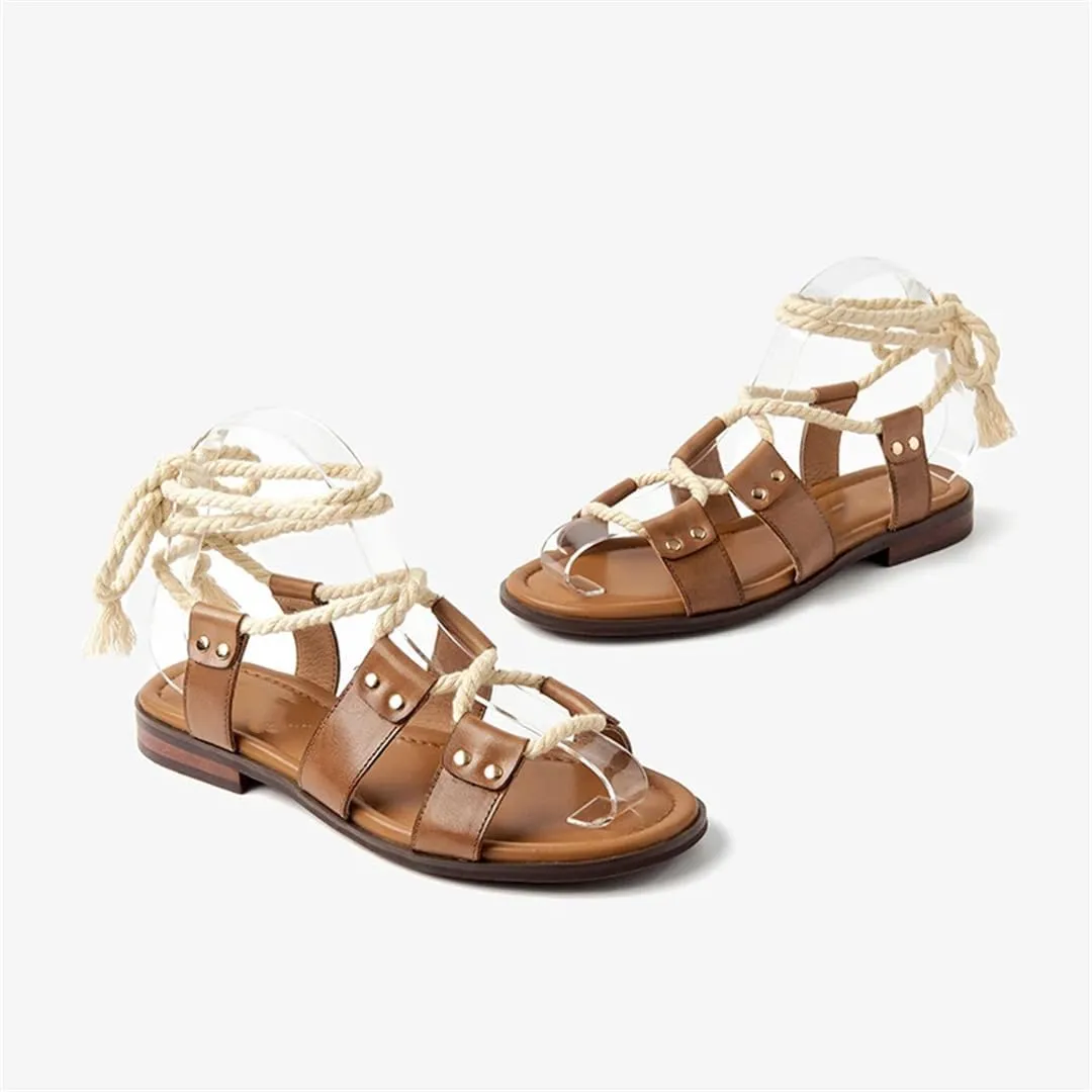 Womens Lace-Up Ankle Strap Flat Heel Open Side Vamp Basic Sandals Cow Leather Rope Casual Summer Sandals
