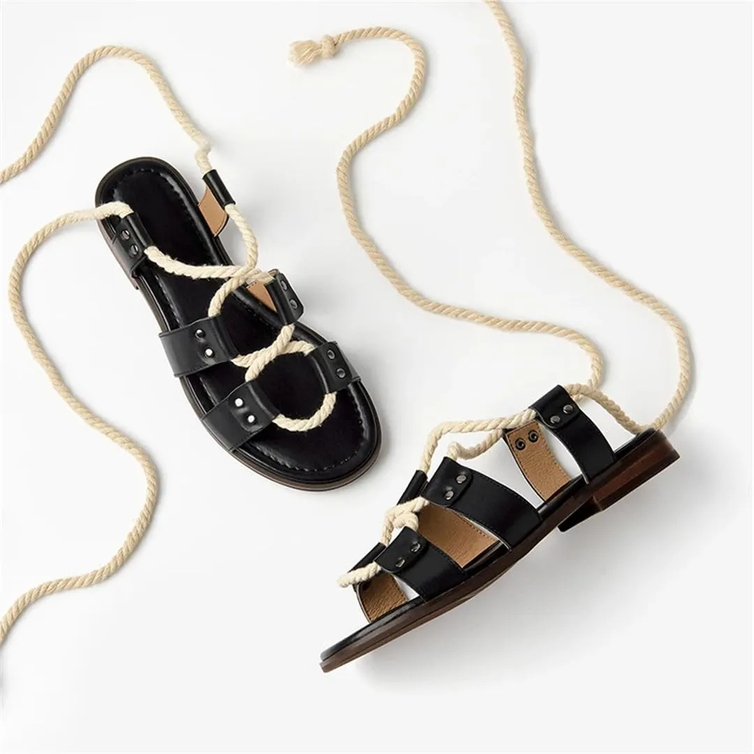 Womens Lace-Up Ankle Strap Flat Heel Open Side Vamp Basic Sandals Cow Leather Rope Casual Summer Sandals
