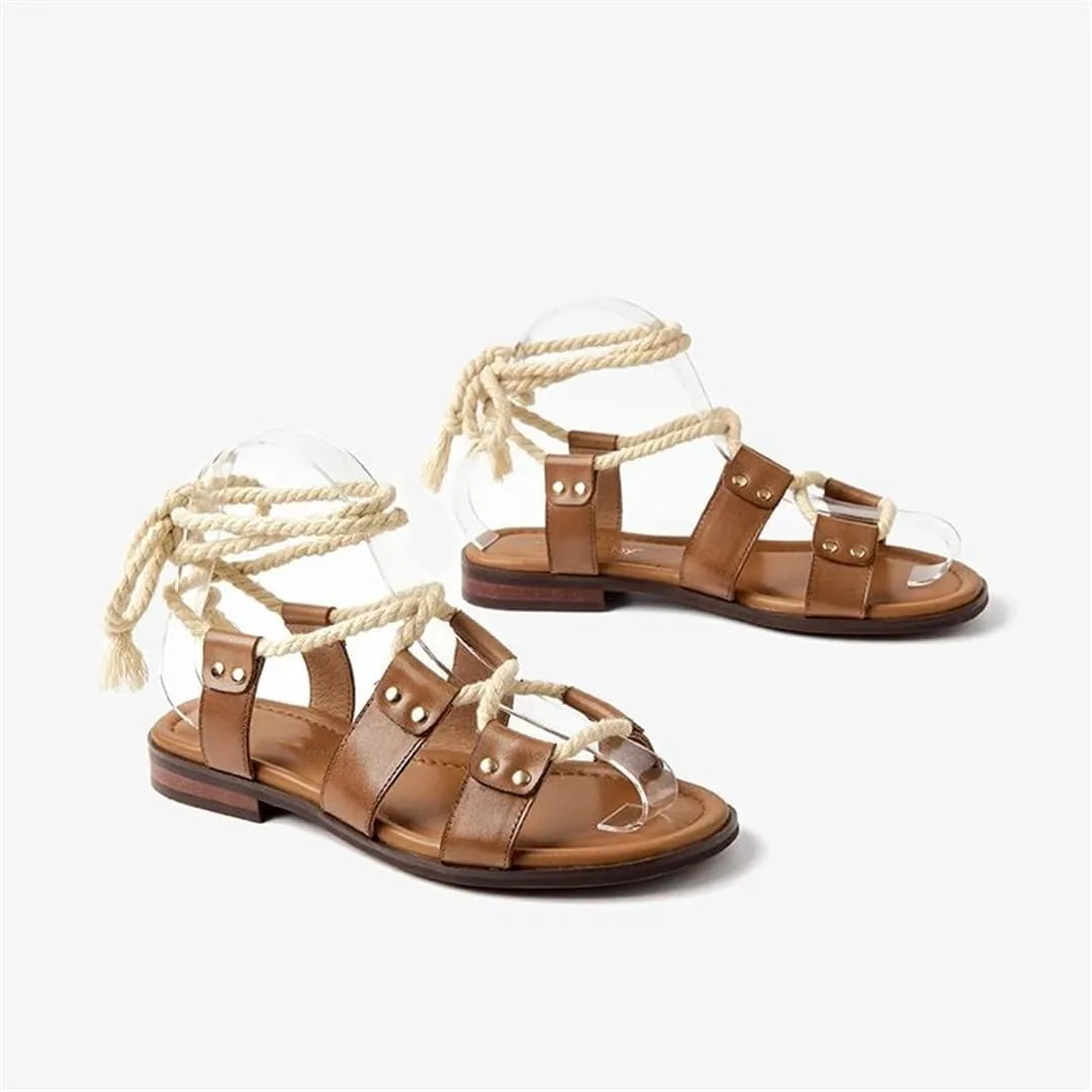 Womens Lace-Up Ankle Strap Flat Heel Open Side Vamp Basic Sandals Cow Leather Rope Casual Summer Sandals