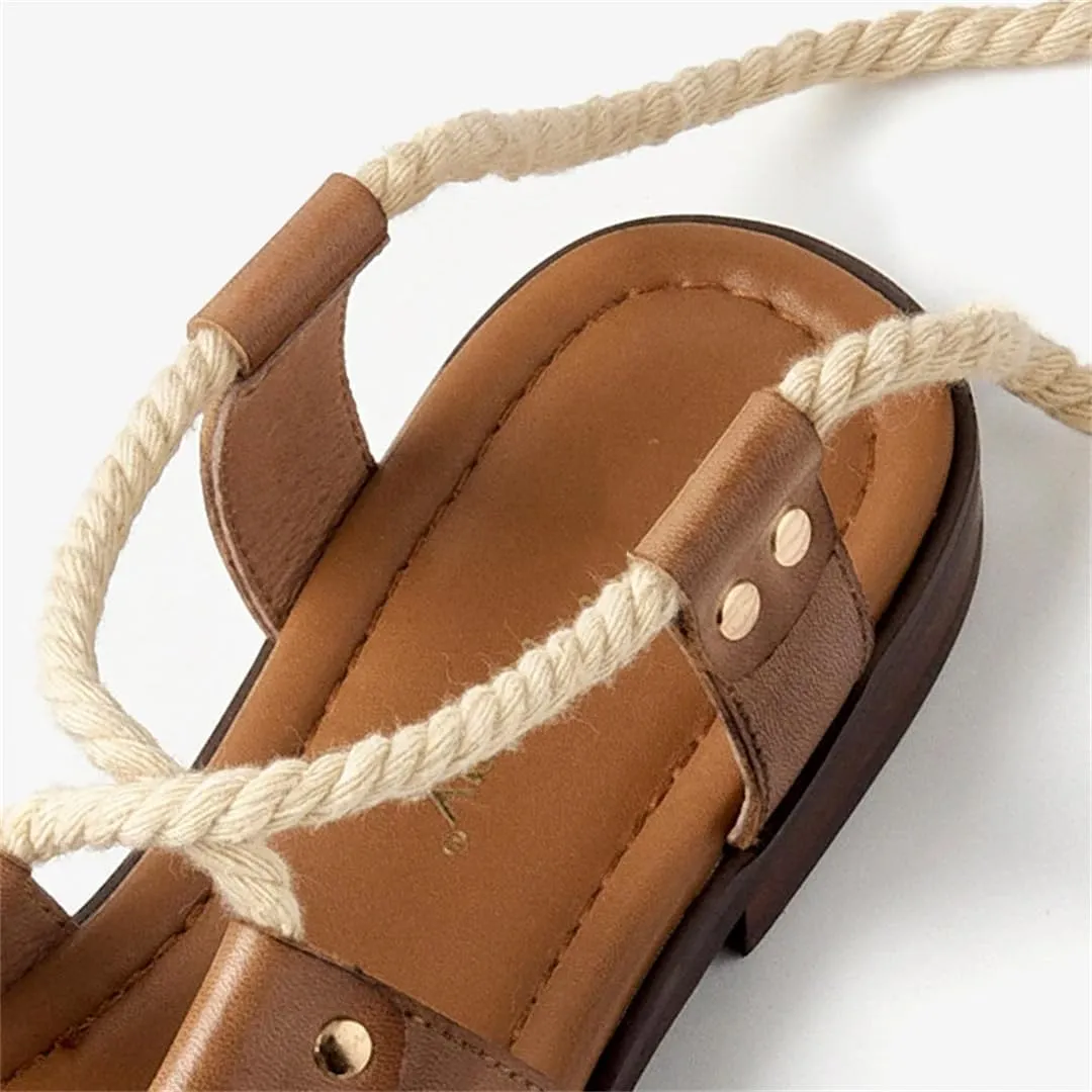 Womens Lace-Up Ankle Strap Flat Heel Open Side Vamp Basic Sandals Cow Leather Rope Casual Summer Sandals