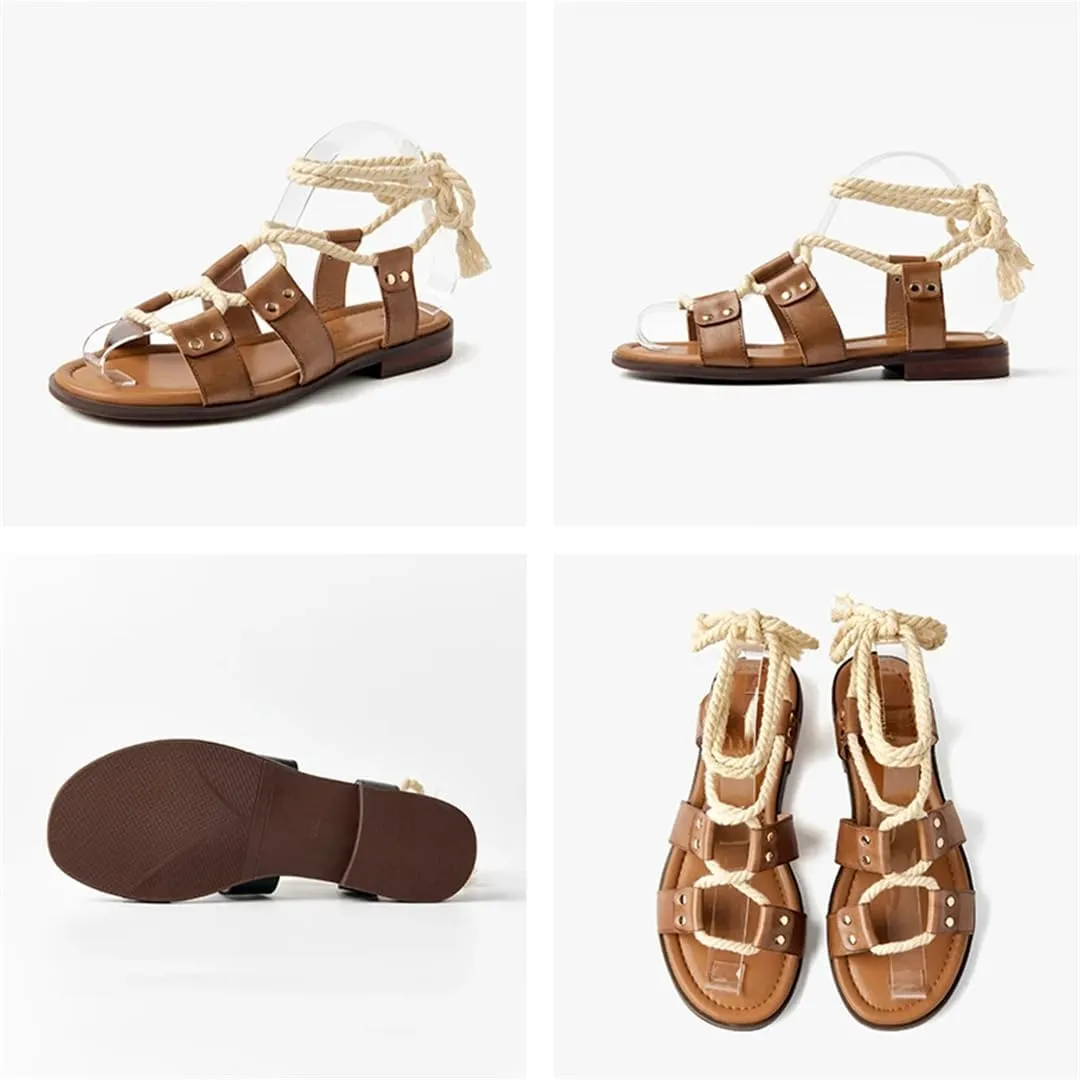 Womens Lace-Up Ankle Strap Flat Heel Open Side Vamp Basic Sandals Cow Leather Rope Casual Summer Sandals