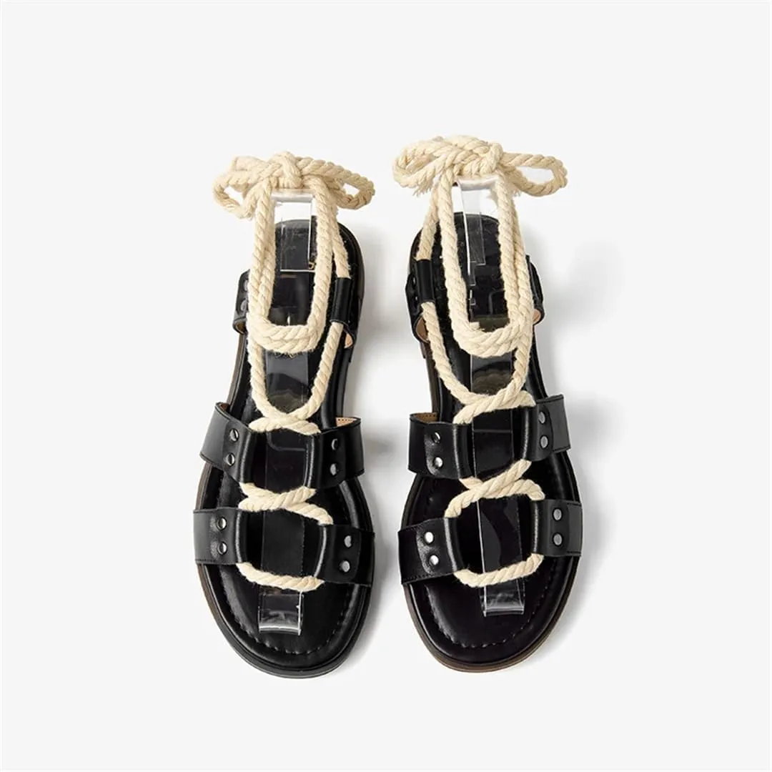 Womens Lace-Up Ankle Strap Flat Heel Open Side Vamp Basic Sandals Cow Leather Rope Casual Summer Sandals