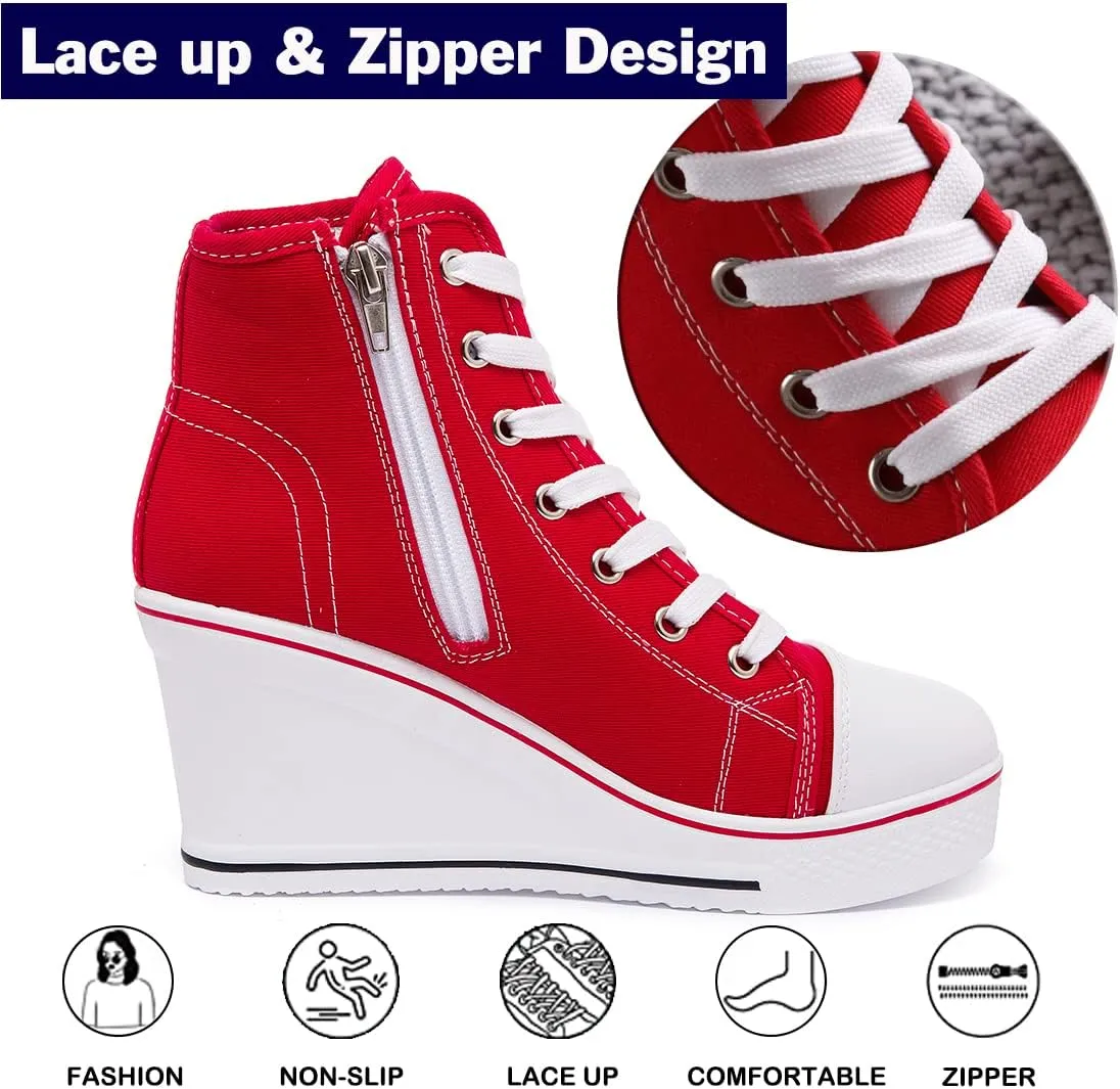 Womens Lace Up Heel Sneakers, Platform Wedge Sneakers Ankle Booties with Zipper Casual Canvas Fashion Sneaker for Girls