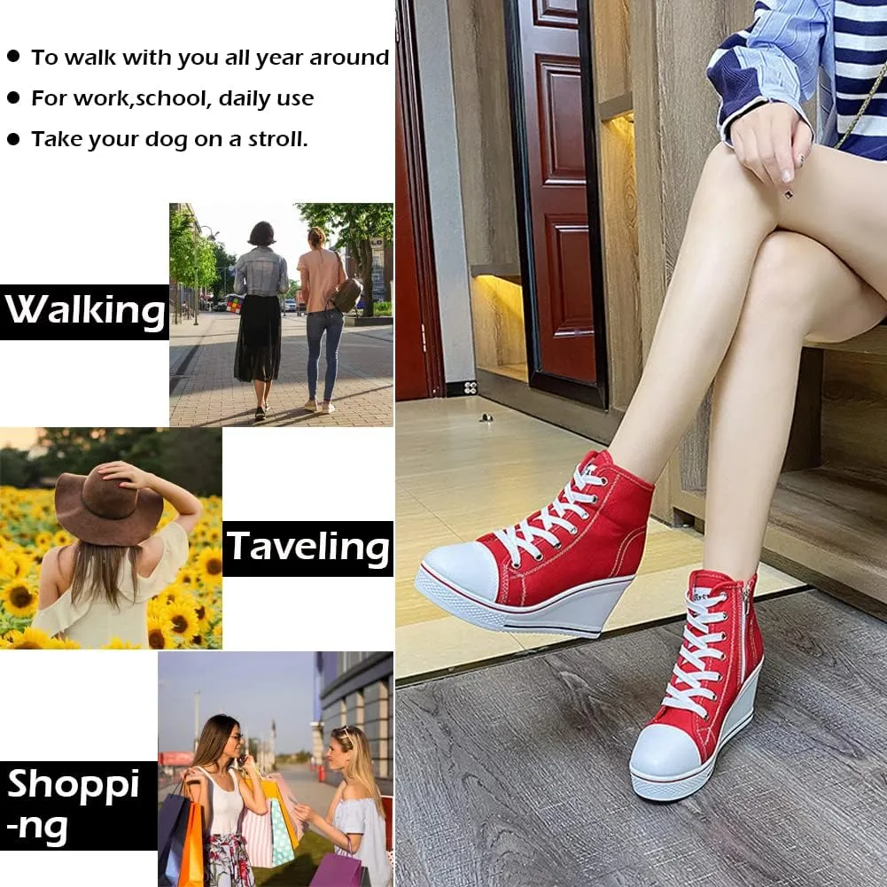 Womens Lace Up Heel Sneakers, Platform Wedge Sneakers Ankle Booties with Zipper Casual Canvas Fashion Sneaker for Girls
