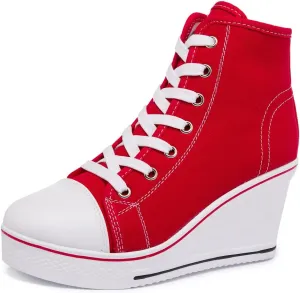 Womens Lace Up Heel Sneakers, Platform Wedge Sneakers Ankle Booties with Zipper Casual Canvas Fashion Sneaker for Girls