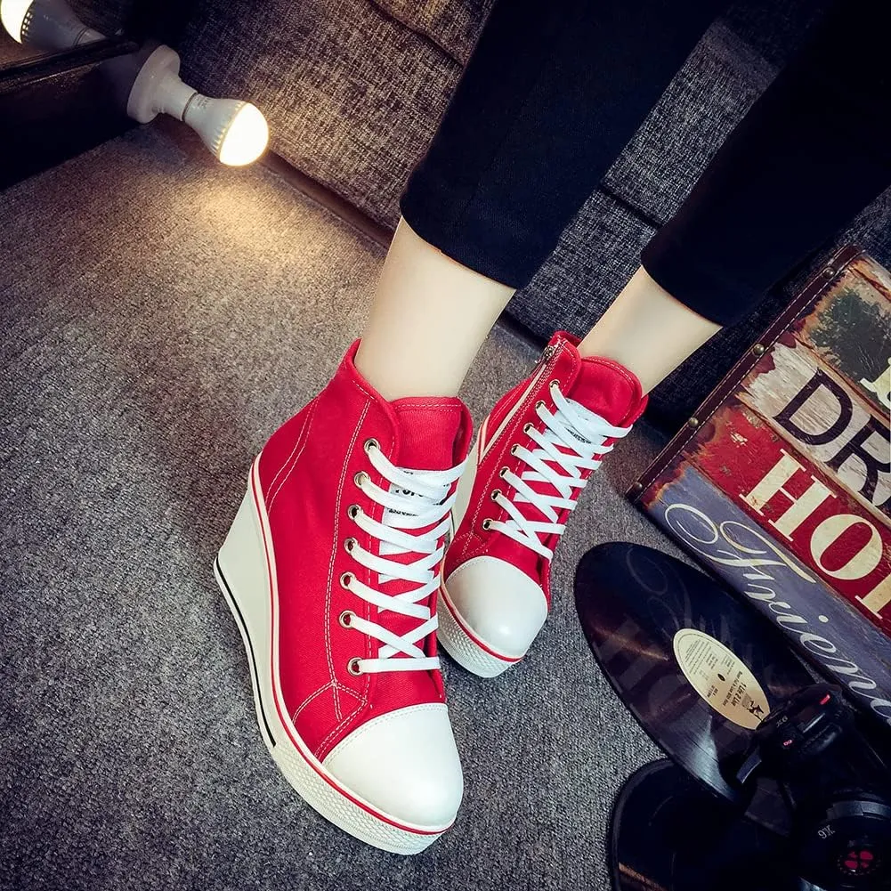 Womens Lace Up Heel Sneakers, Platform Wedge Sneakers Ankle Booties with Zipper Casual Canvas Fashion Sneaker for Girls