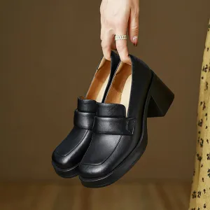 Women's Leather Chunky High Heels Penny Loafers Mid Stacked Heel Square Closed Toe Slip On Dress Uniform Oxfords Vintage Classic Comfortable Work Office Pumps Elegant Party Dress Shoes