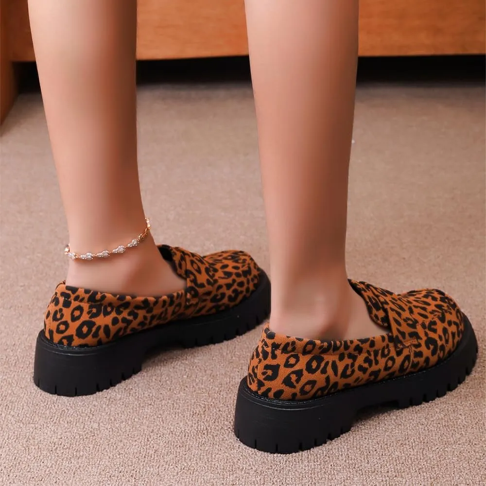 Women's Leopard Print Slip-On Platform Loafers - Spring Lightweight Chunky Heel Shoes for Business Casual & Office Professional Wear