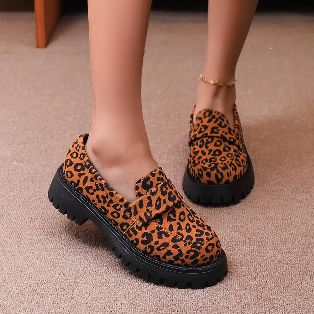 Women's Leopard Print Slip-On Platform Loafers - Spring Lightweight Chunky Heel Shoes for Business Casual & Office Professional Wear
