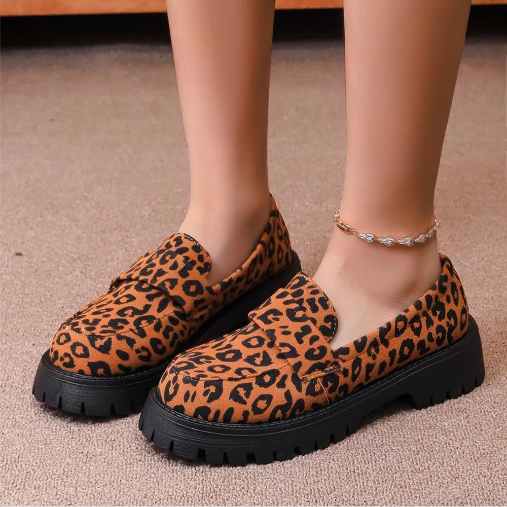 Women's Leopard Print Slip-On Platform Loafers - Spring Lightweight Chunky Heel Shoes for Business Casual & Office Professional Wear