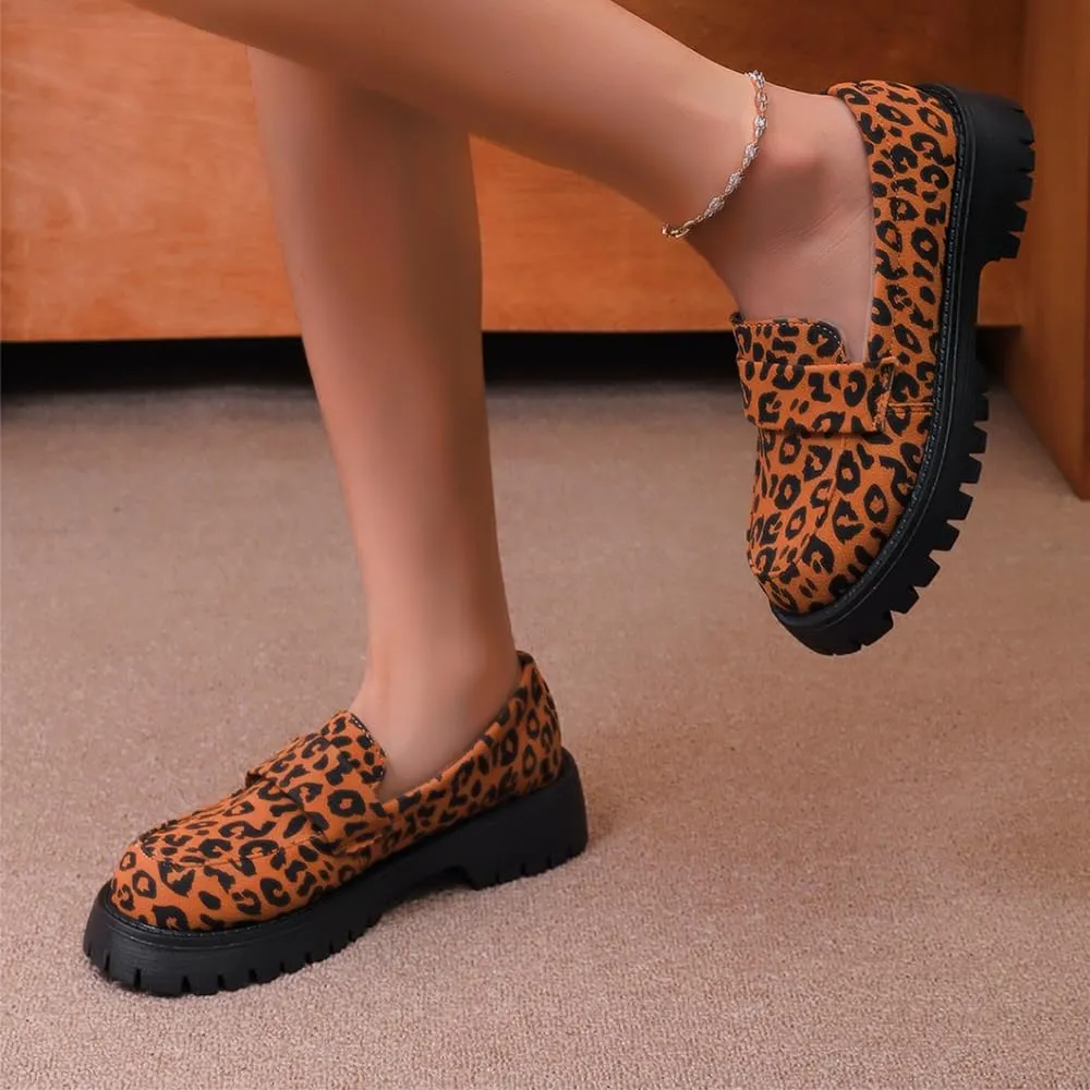 Women's Leopard Print Slip-On Platform Loafers - Spring Lightweight Chunky Heel Shoes for Business Casual & Office Professional Wear