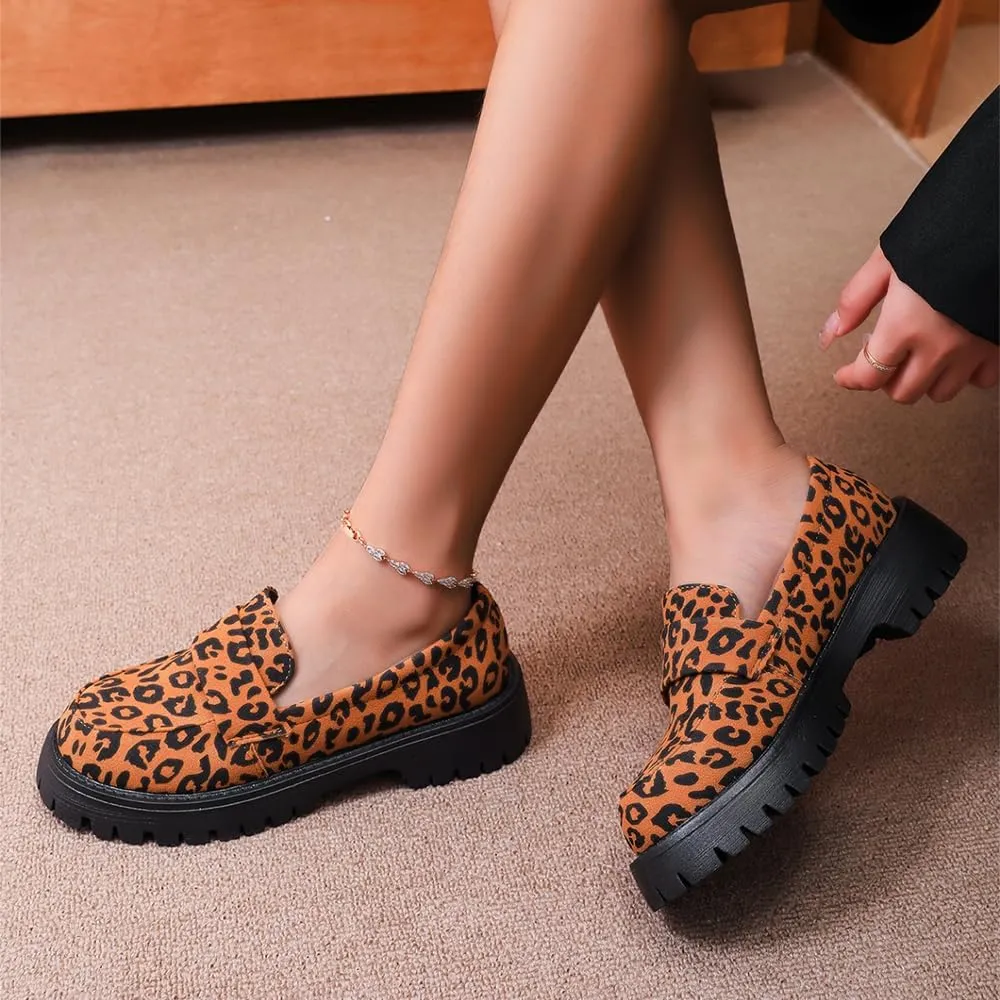 Women's Leopard Print Slip-On Platform Loafers - Spring Lightweight Chunky Heel Shoes for Business Casual & Office Professional Wear
