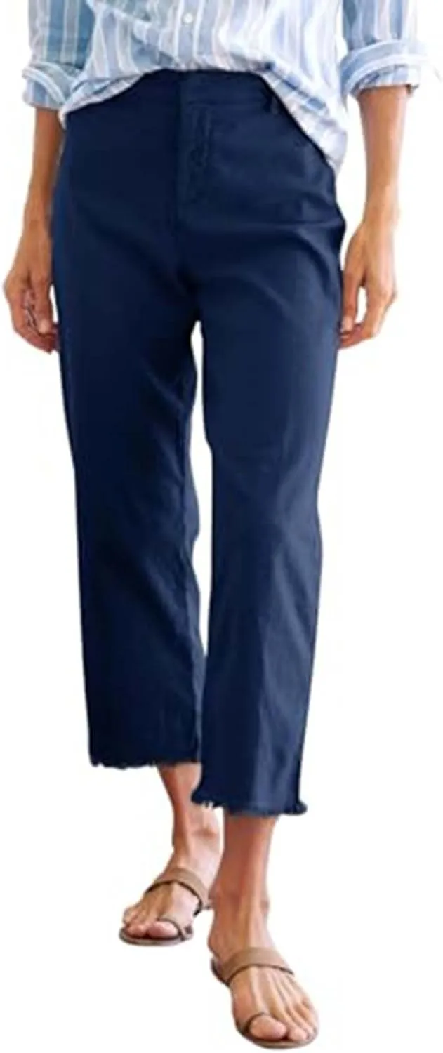 Womens Linen Capri Pants with Pockets Lightweight Travel Work Pant Casual Summer Stretch for Woman Capris