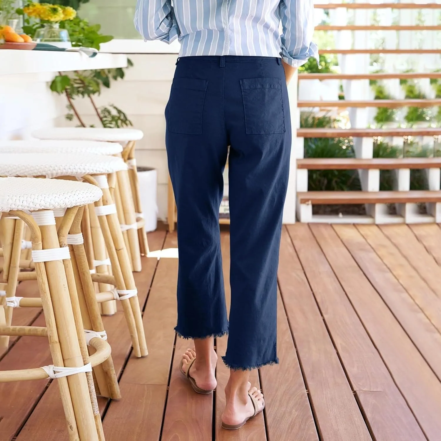 Womens Linen Capri Pants with Pockets Lightweight Travel Work Pant Casual Summer Stretch for Woman Capris