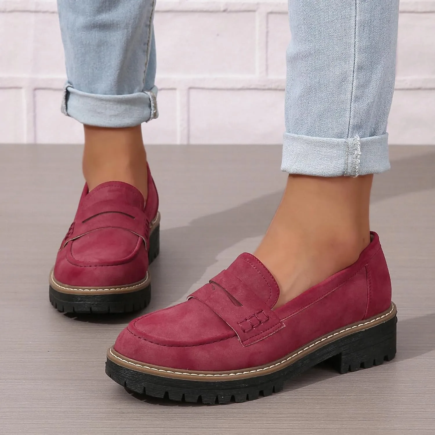 Womens Loafers Slip On Casual Chunky Platform Heel Loafers Classic Penny Dressy Comfy Business Work Shoes Green Beige Black Red US5-11